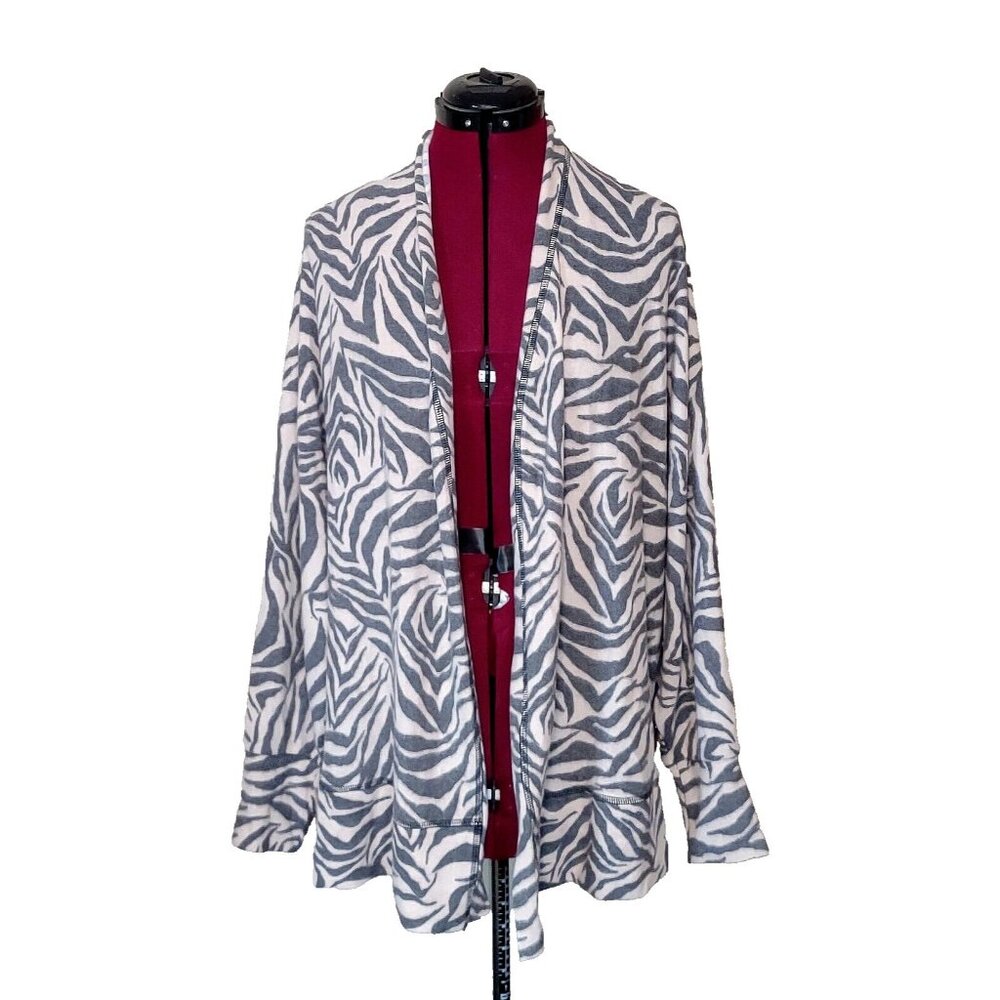 Socialite Women’s Fleece Cardigan Size 1X Multicolor Zebra Print Open Front Cozy